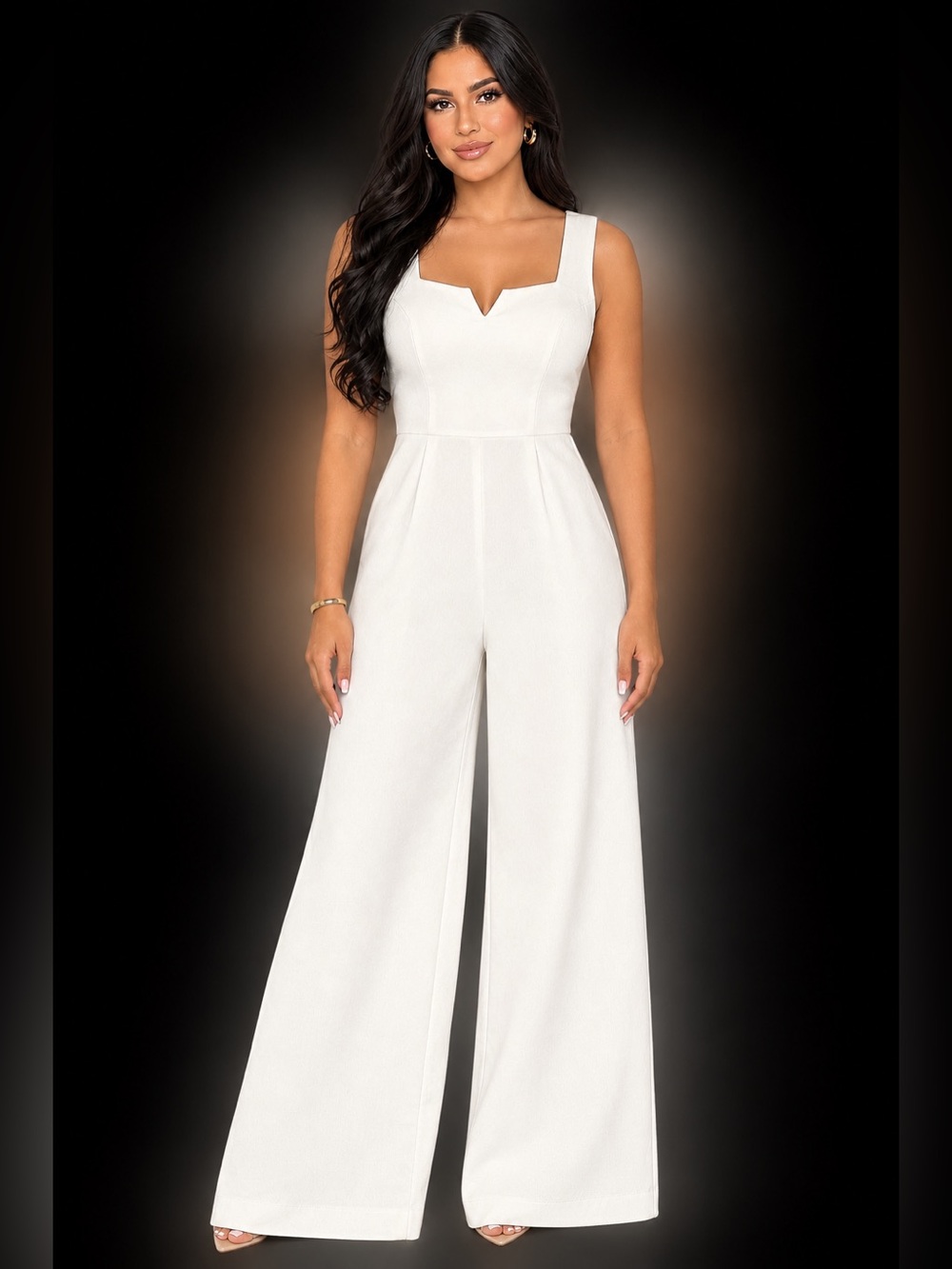 Trixxi White Wide-Leg V-Notch Jumpsuit